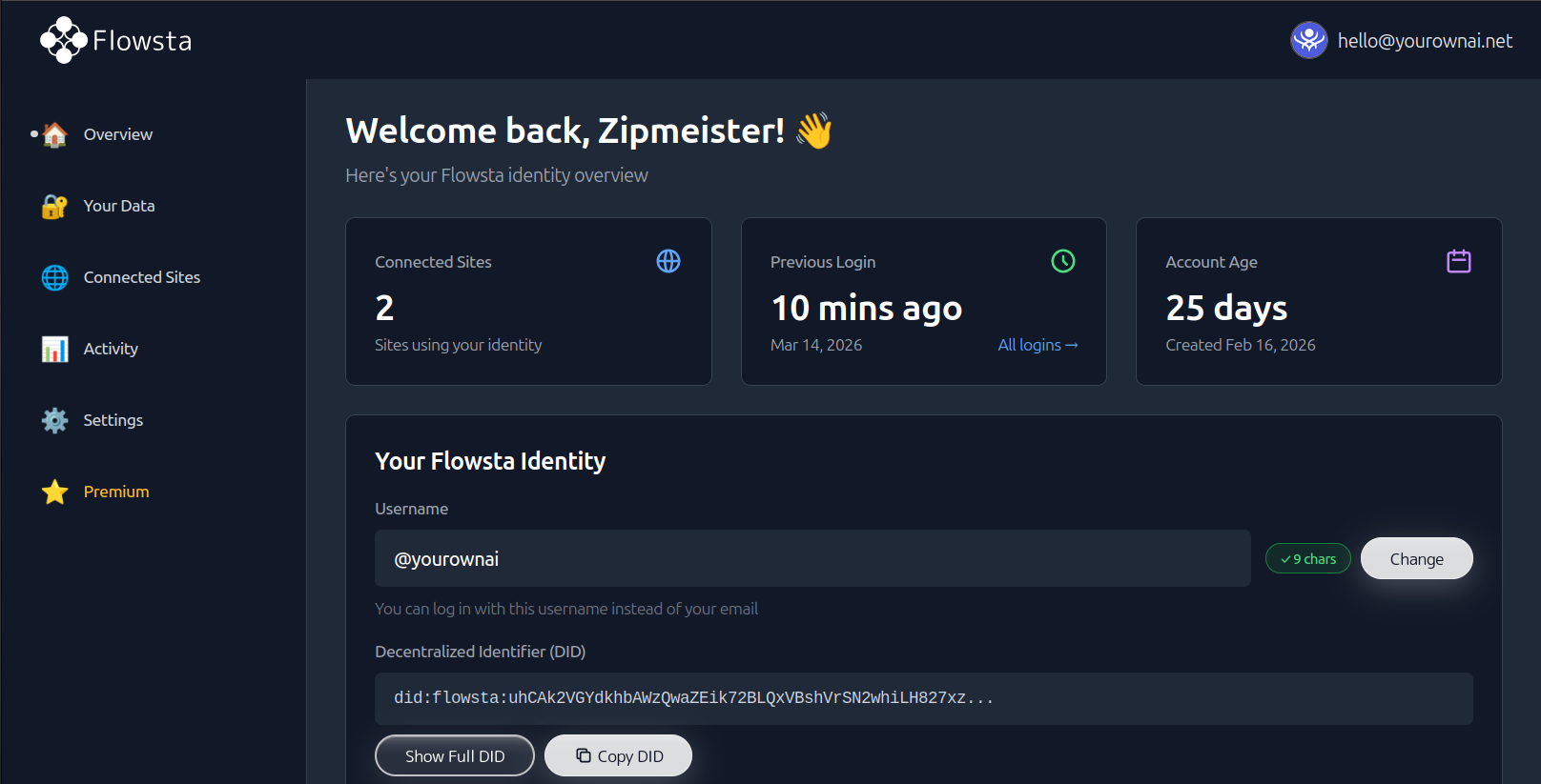 Flowsta Identity dashboard