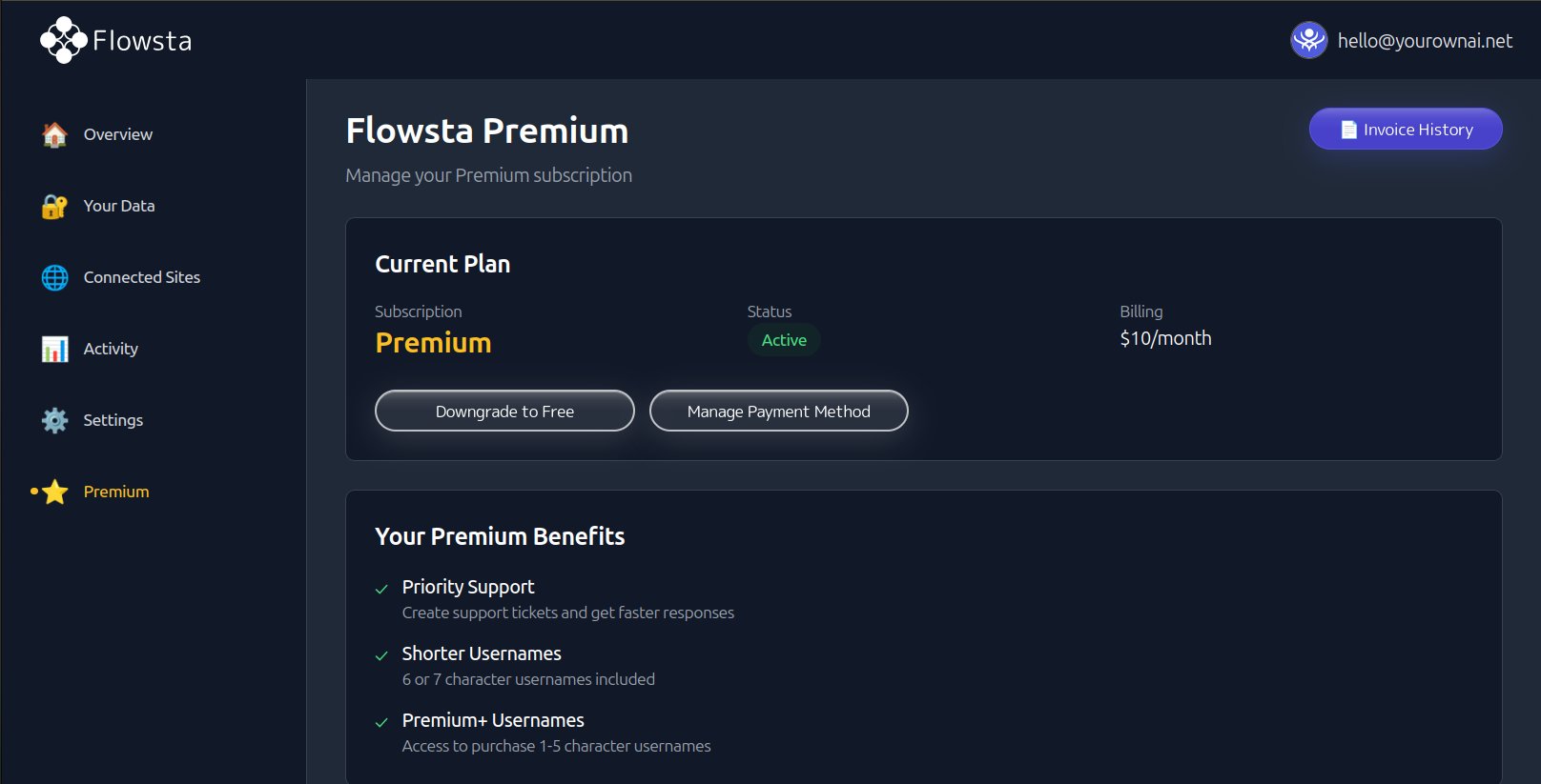 Flowsta Premium dashboard