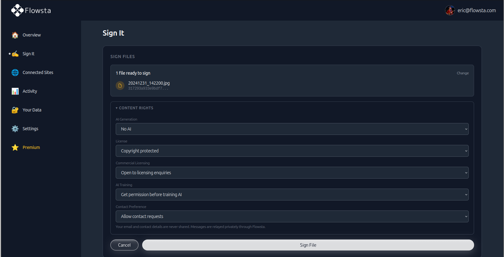 Declaring AI training policy, license, commercial availability and contact preference when signing a file