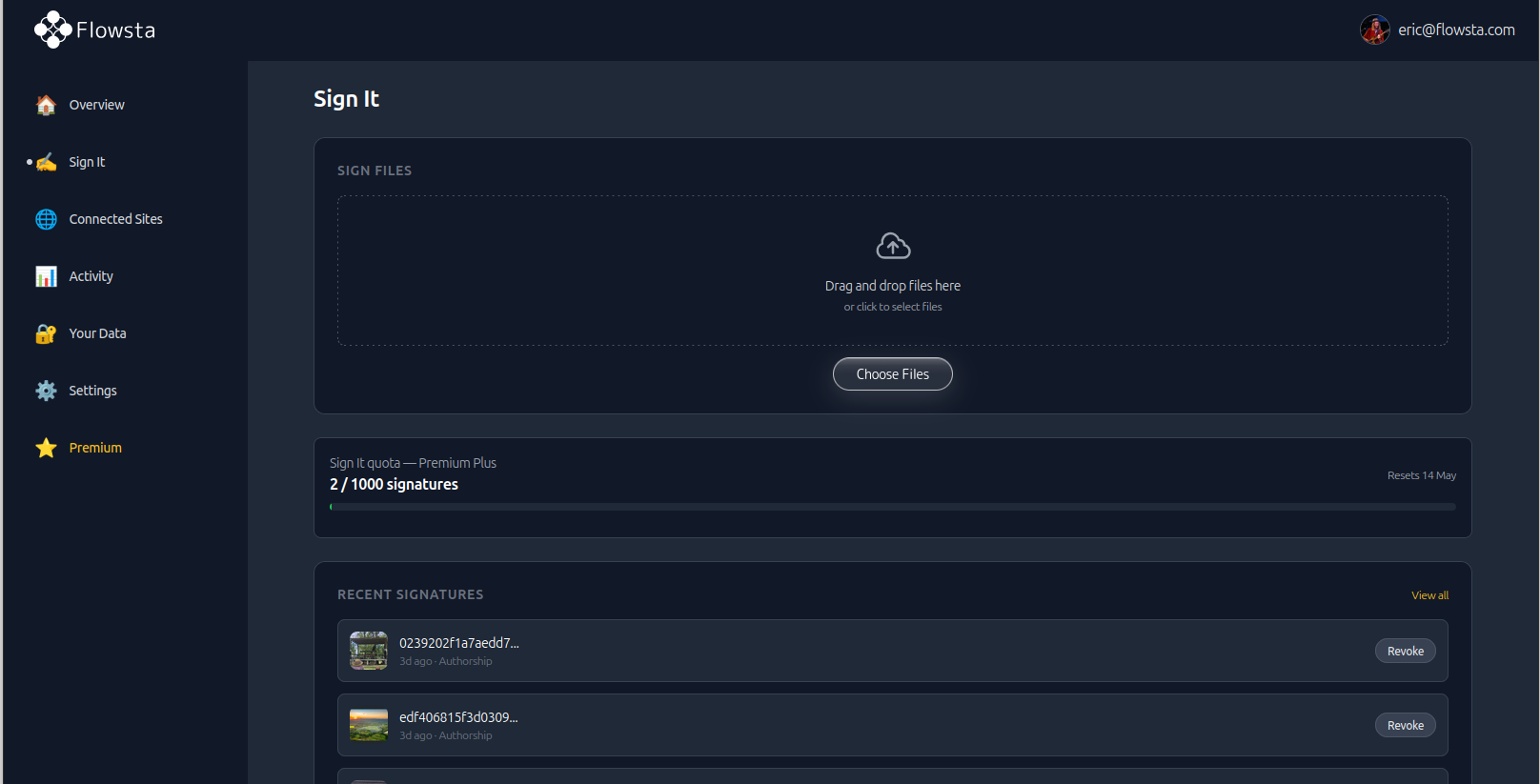 Sign It on the Flowsta dashboard — drag and drop to sign, recent signatures, monthly quota