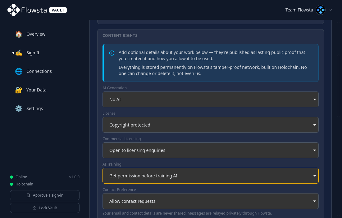 Declaring AI training policy, license, commercial availability and contact preference when signing a file