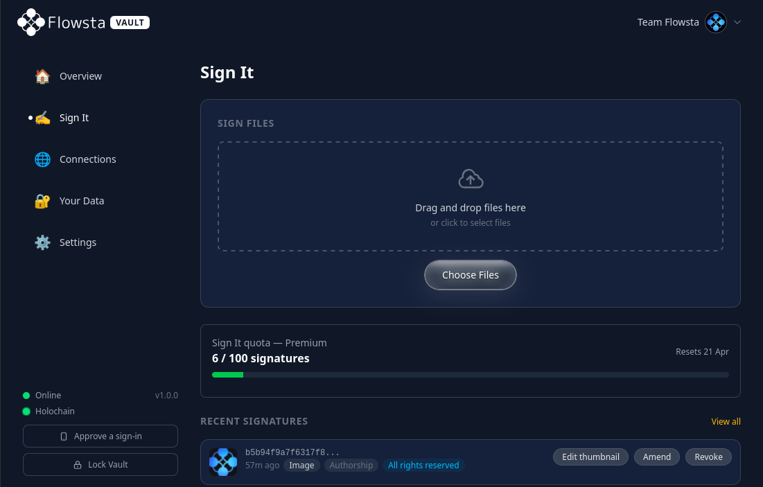 Sign It in Flowsta Vault - drag and drop files to sign, recent signatures, monthly quota